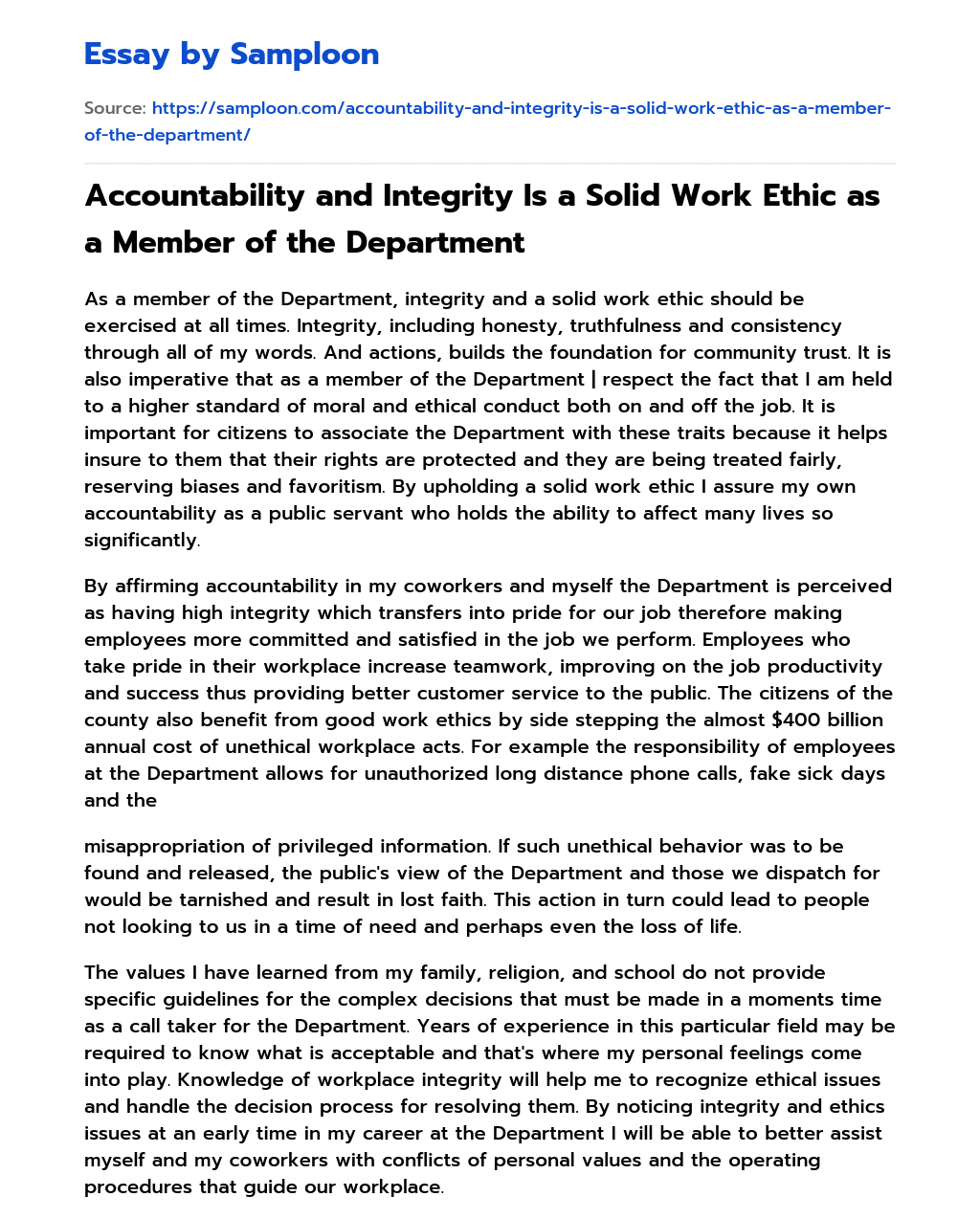 Accountability and Integrity Is a Solid Work Ethic as a Member of the Department essay