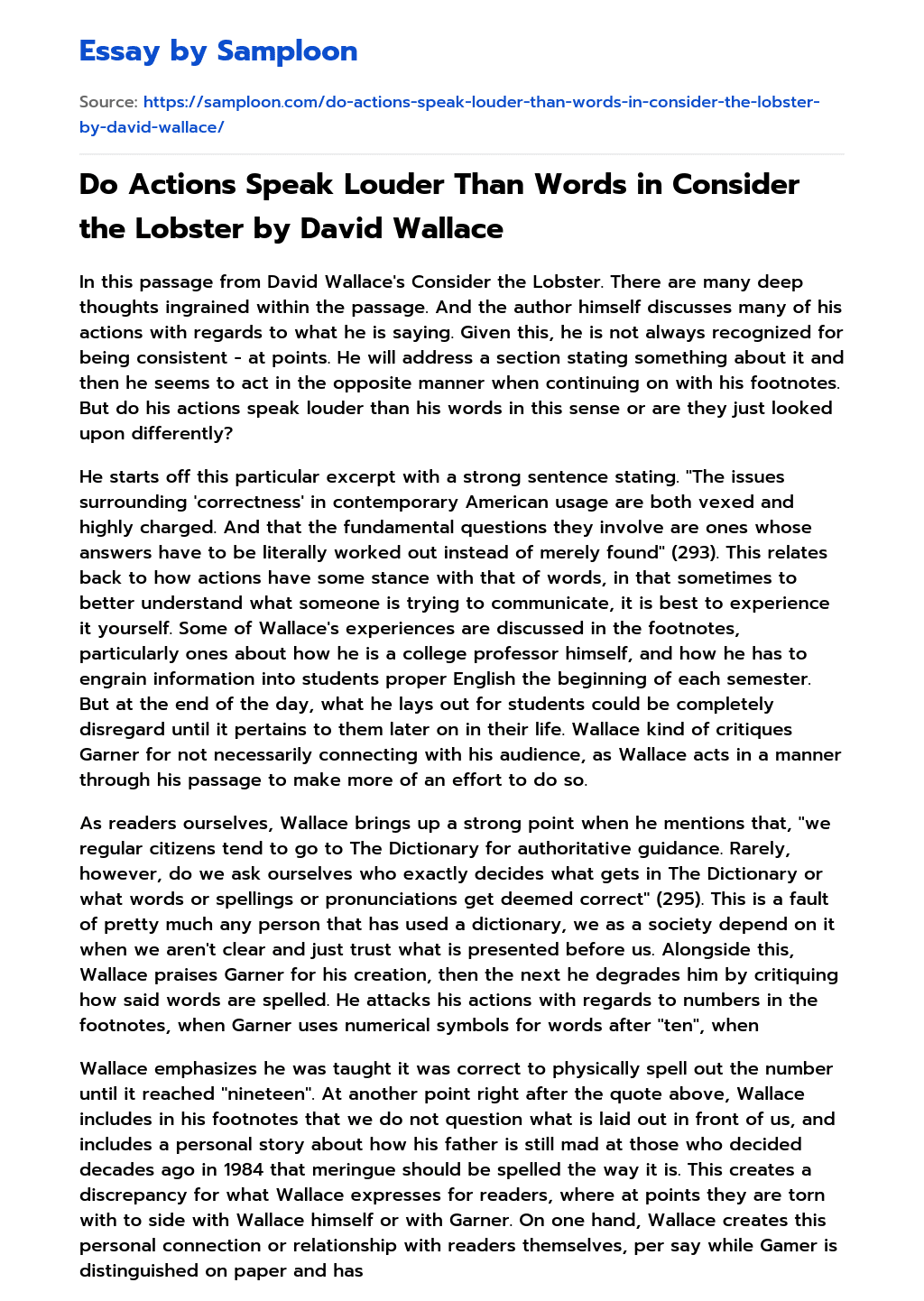 Do Actions Speak Louder Than Words in Consider the Lobster by David Wallace essay