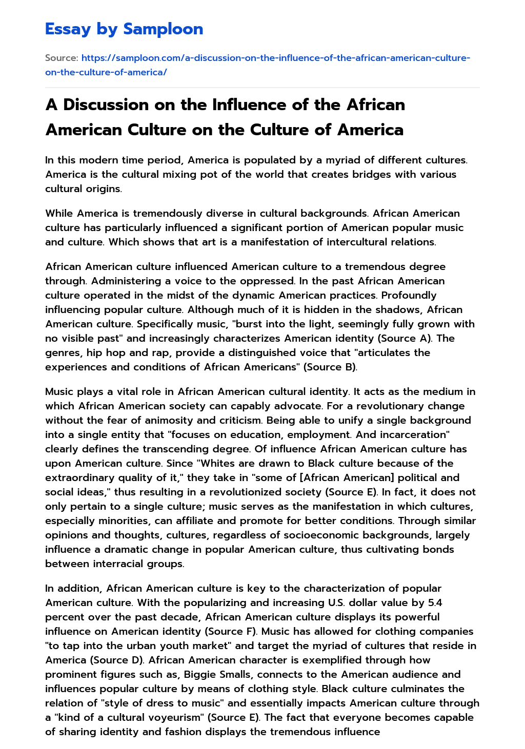 A Discussion on the Influence of the African American Culture on the Culture of America essay