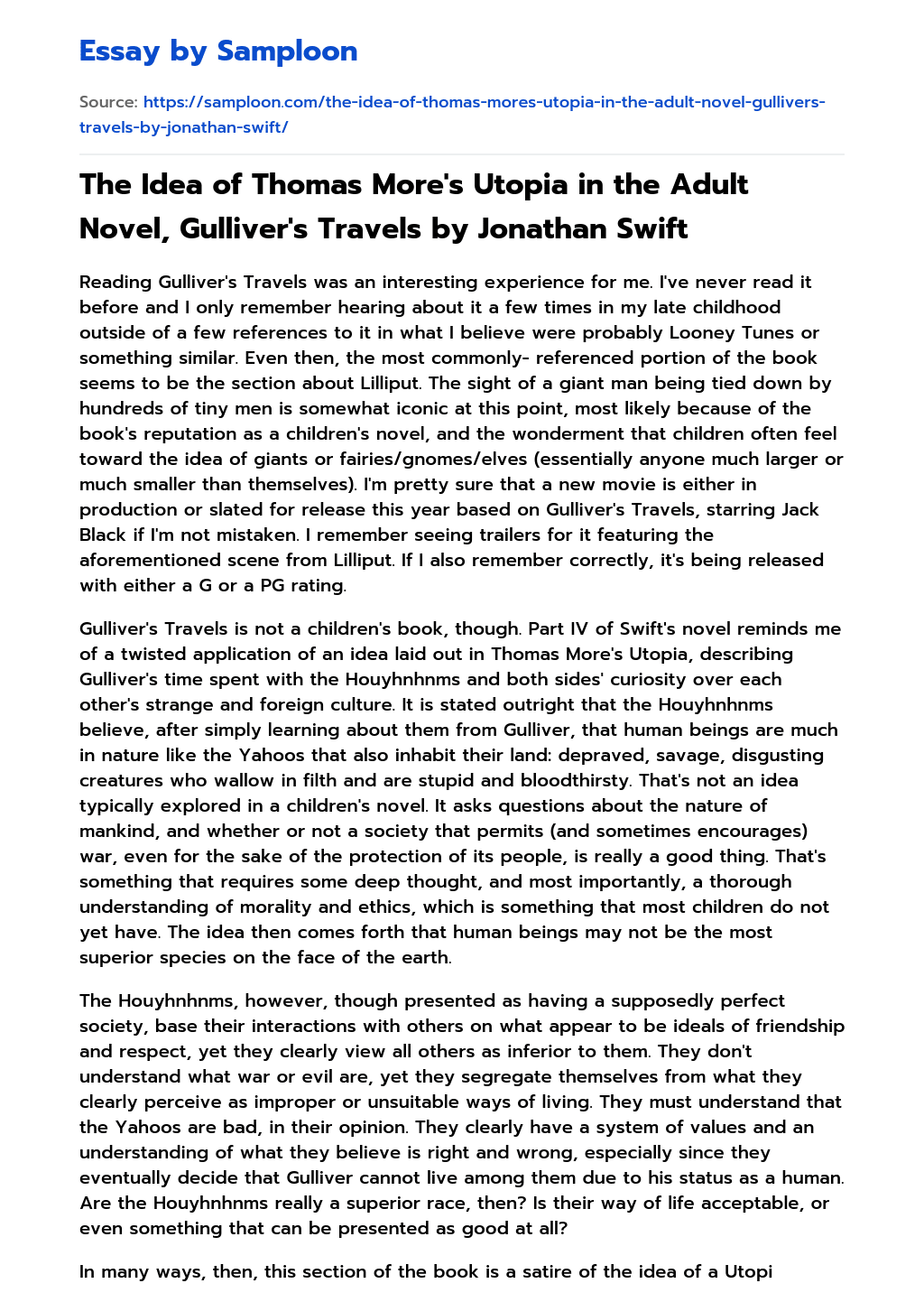The Idea of Thomas More’s Utopia in the Adult Novel, Gulliver’s Travels by Jonathan Swift essay