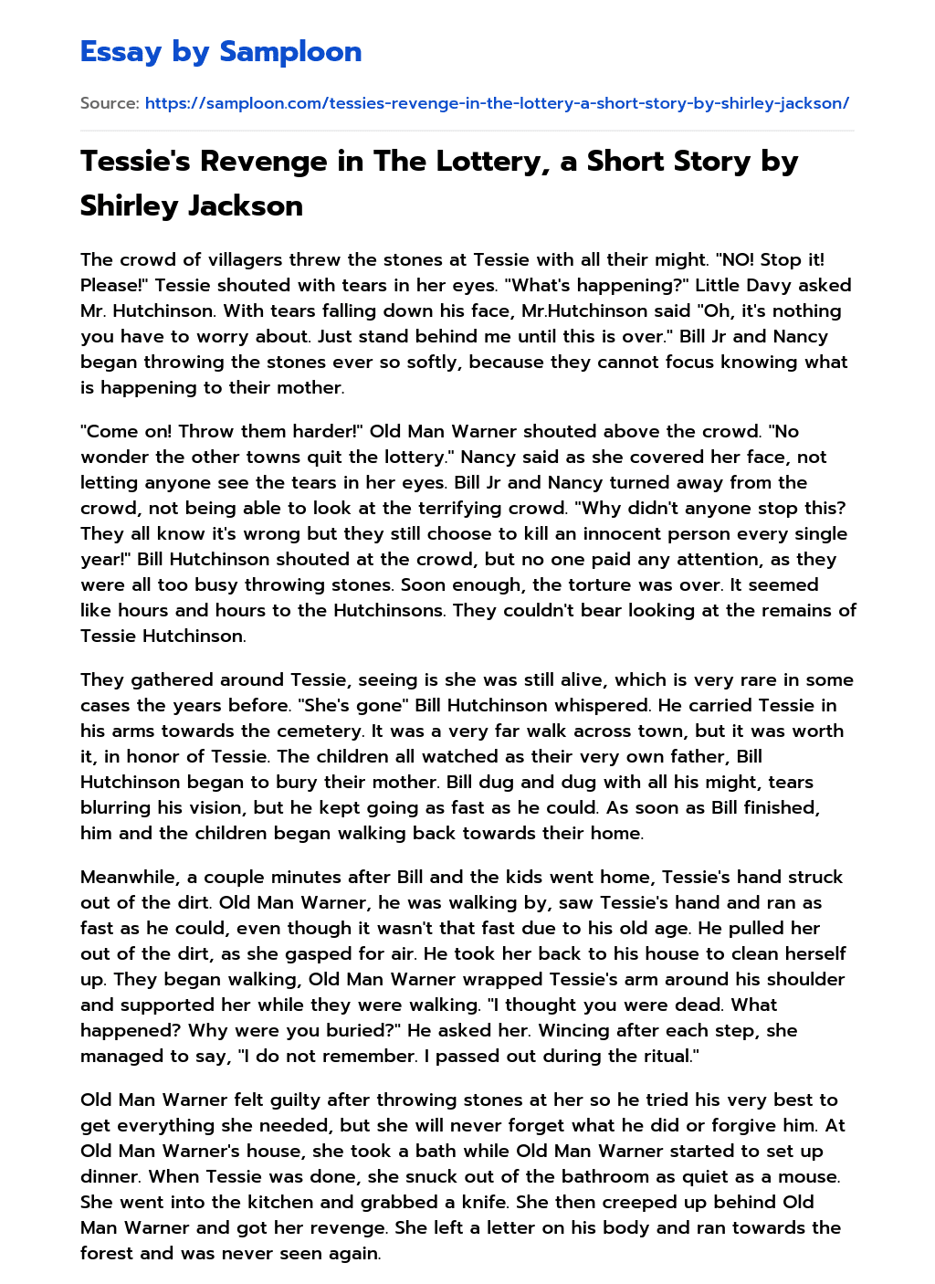 Tessie’s Revenge in The Lottery, a Short Story by Shirley Jackson essay
