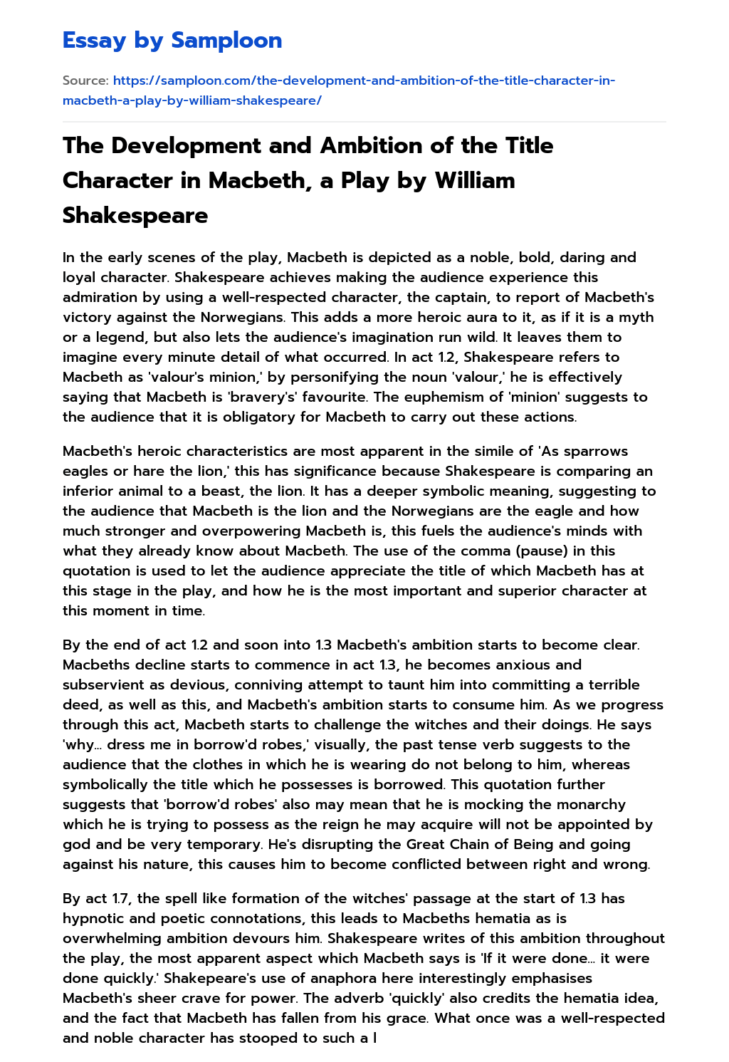 The Development and Ambition of the Title Character in Macbeth, a Play by William Shakespeare essay