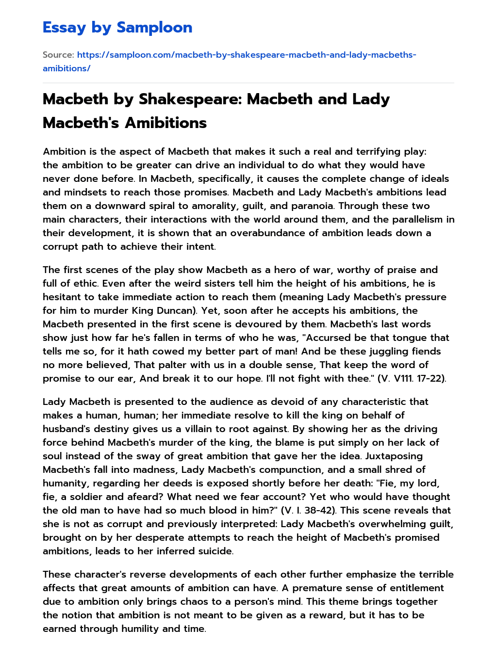 Macbeth by Shakespeare: Macbeth and Lady Macbeth’s Amibitions essay