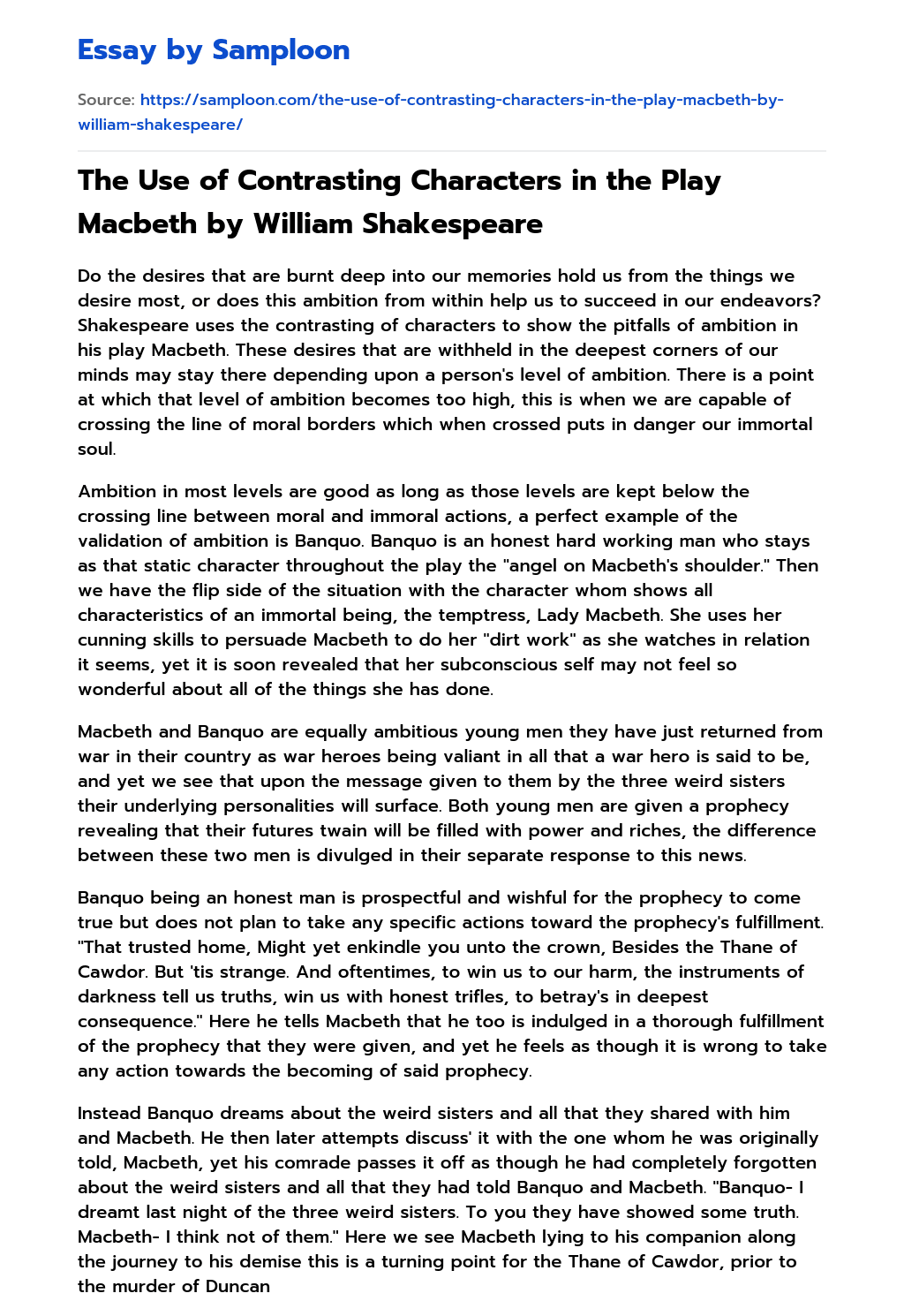 The Use of Contrasting Characters in the Play Macbeth by William Shakespeare essay