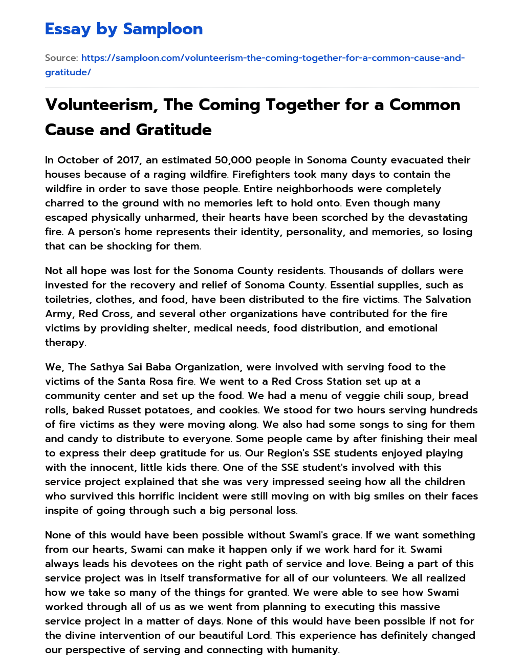Volunteerism, The Coming Together for a Common Cause and Gratitude essay
