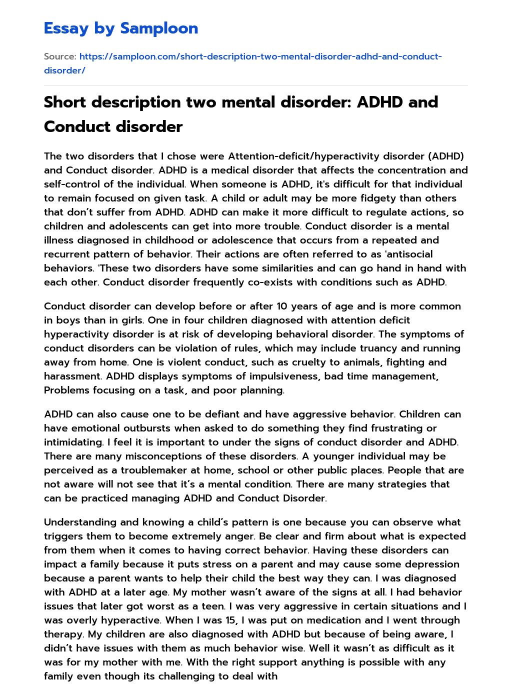 Short description two mental disorder: ADHD and Conduct disorder essay