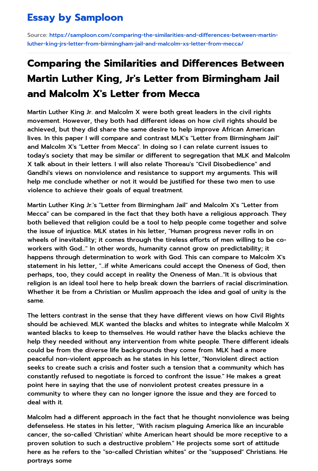 Comparing the Similarities and Differences Between Martin Luther King, Jr’s Letter from Birmingham Jail and Malcolm X’s Letter from Mecca essay