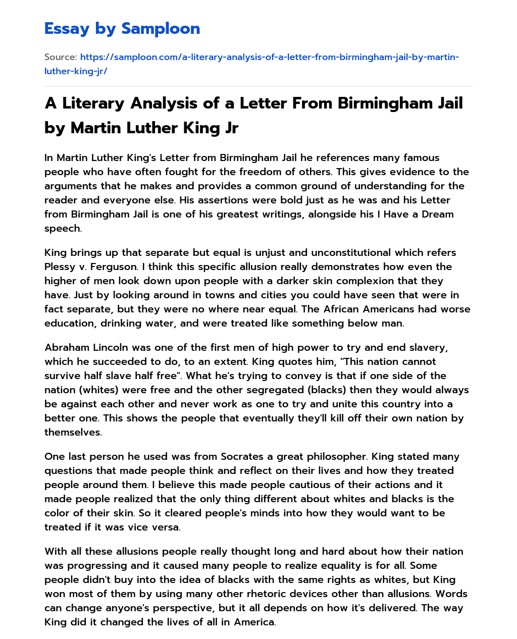 A Literary Analysis of a Letter From Birmingham Jail by Martin Luther King Jr essay