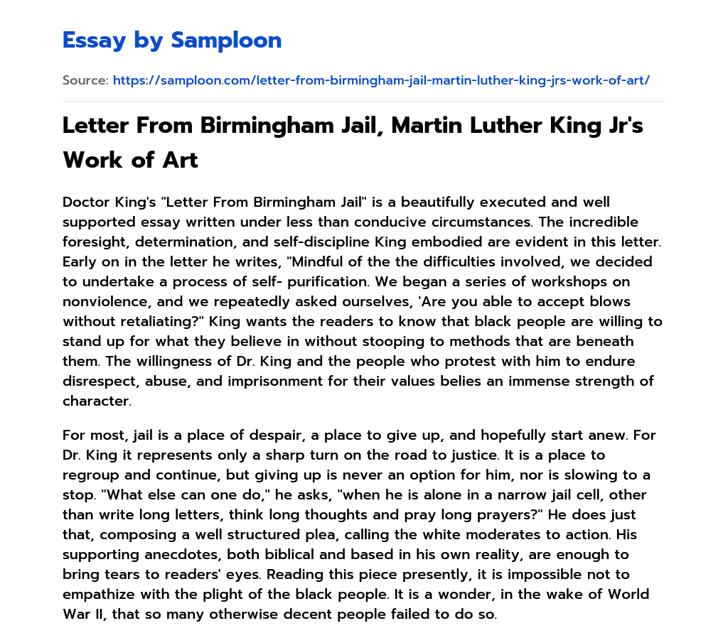 Letter From Birmingham Jail, Martin Luther King Jr’s Work of Art essay