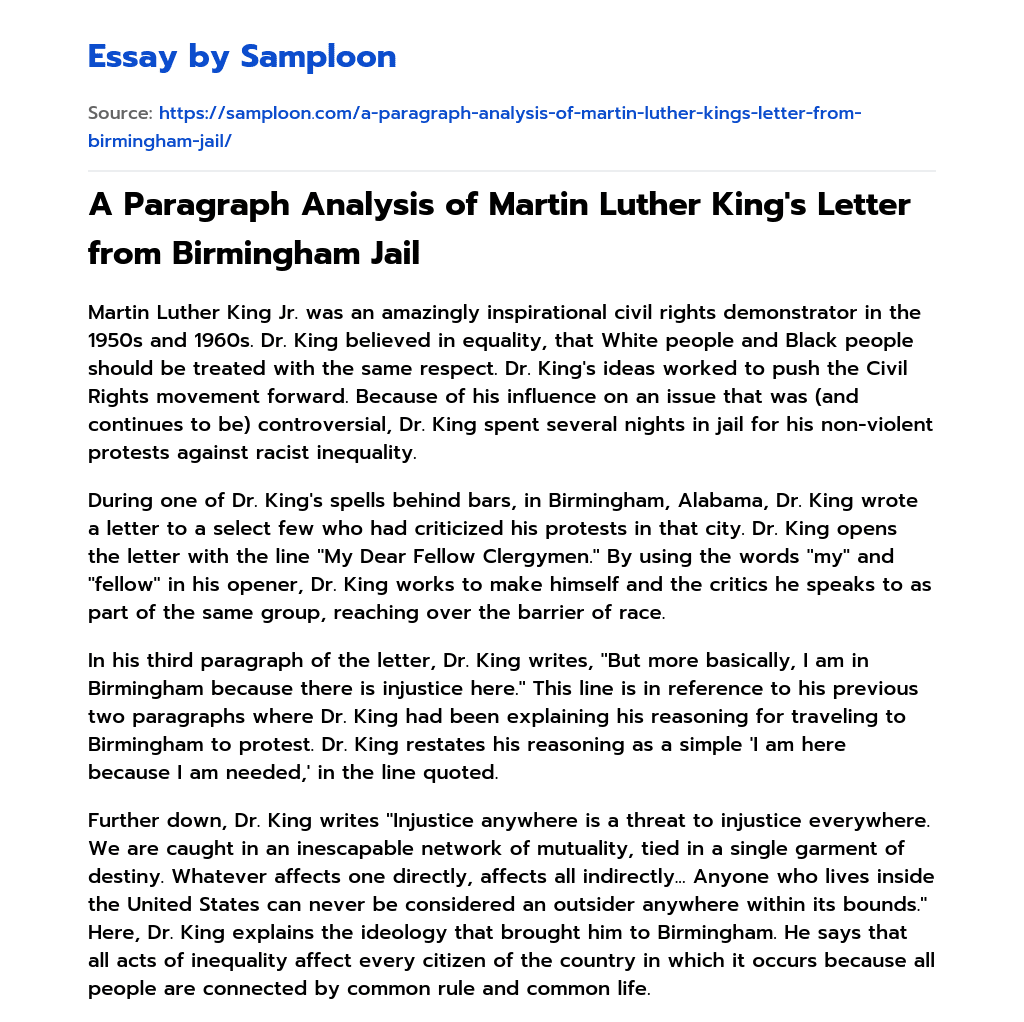 A Paragraph Analysis of Martin Luther King’s Letter from Birmingham Jail essay