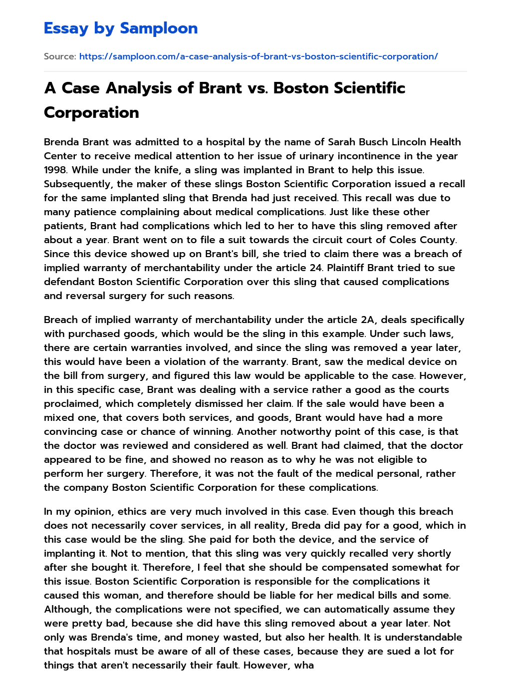 A Case Analysis of Brant vs. Boston Scientific Corporation essay