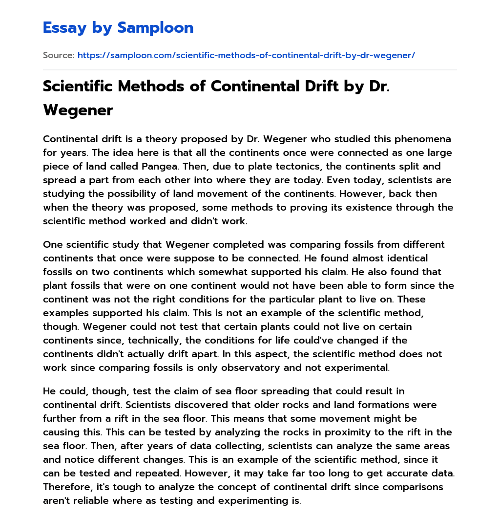 Scientific Methods of Continental Drift by Dr. Wegener essay