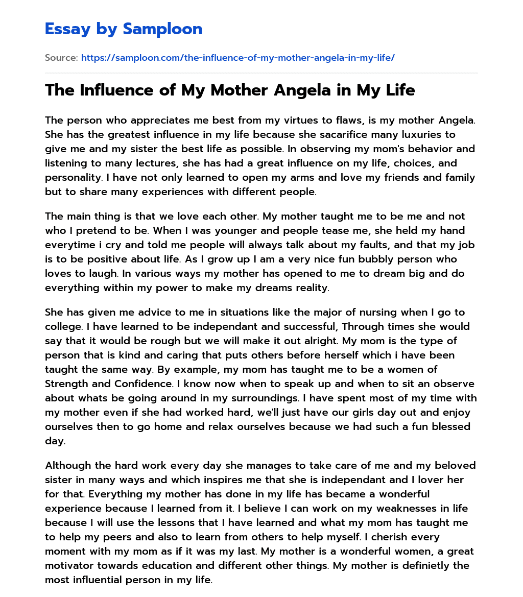 The Influence of My Mother Angela in My Life essay