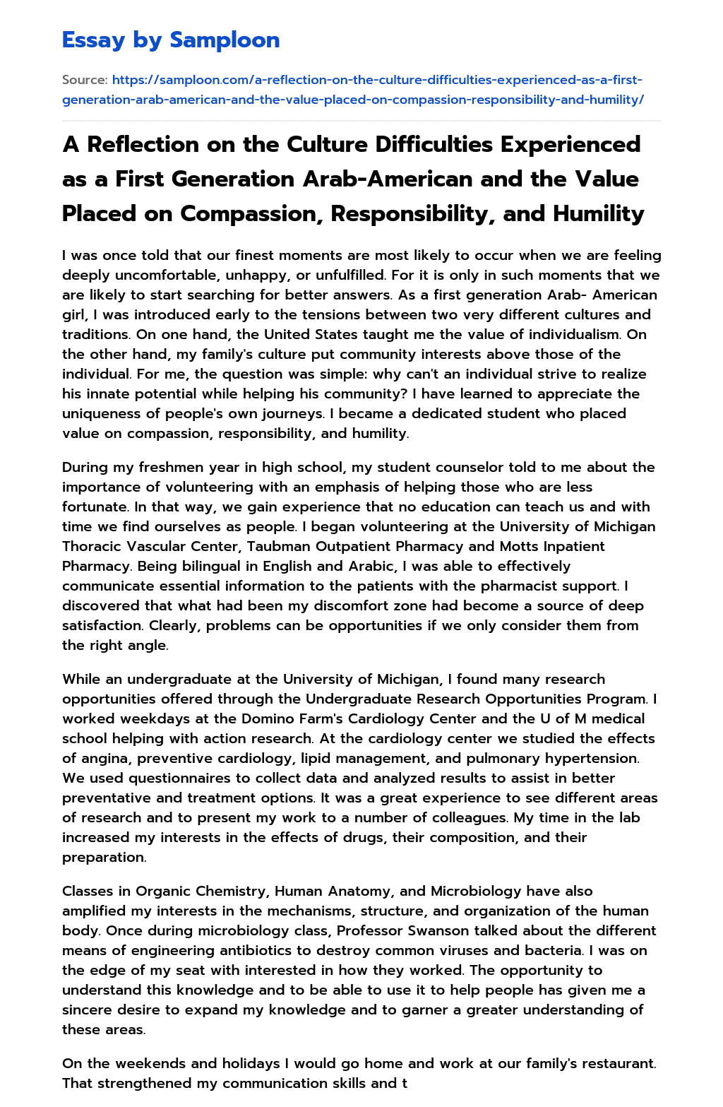 A Reflection on the Culture Difficulties Experienced as a First Generation Arab-American and the Value Placed on Compassion, Responsibility, and Humility essay