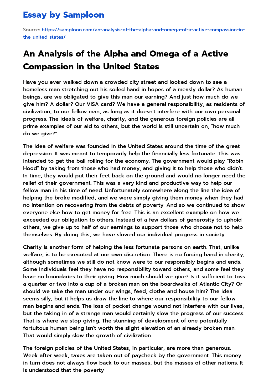 An Analysis of the Alpha and Omega of a Active Compassion in the United States essay