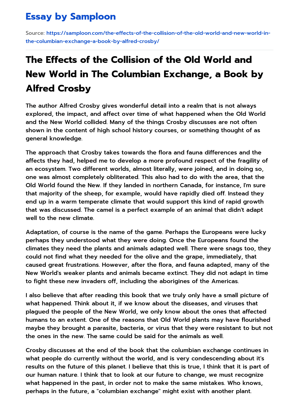 The Effects of the Collision of the Old World and New World in The Columbian Exchange, a Book by Alfred Crosby essay