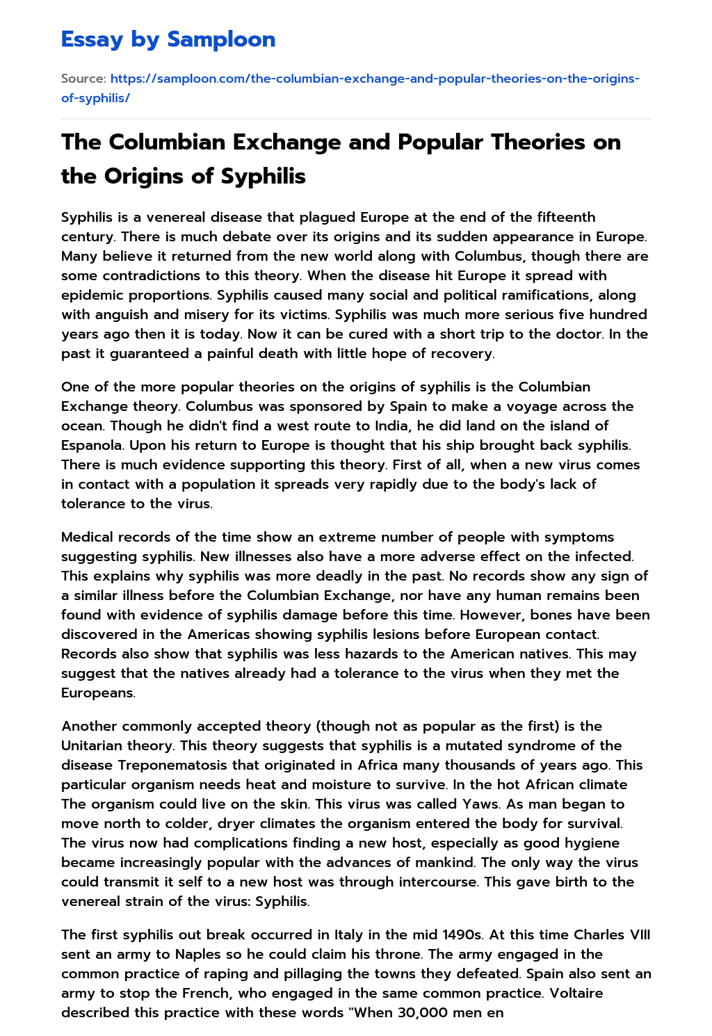 The Columbian Exchange and Popular Theories on the Origins of Syphilis essay