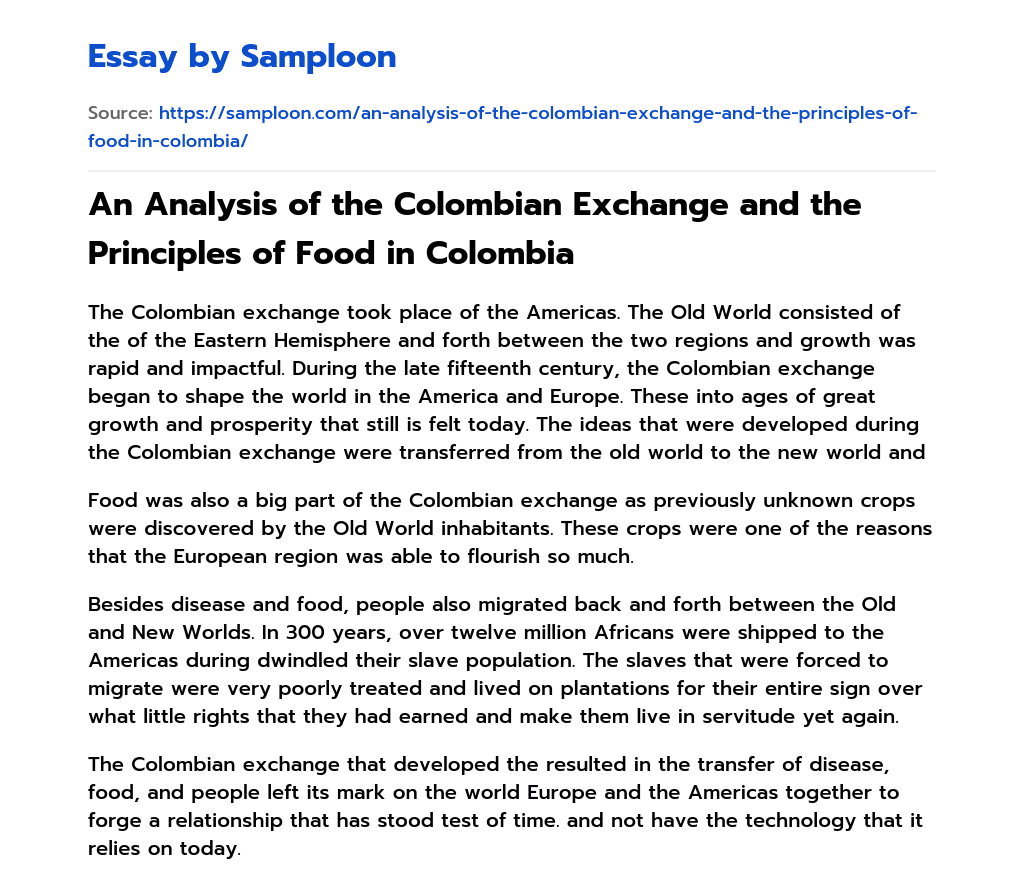 An Analysis of the Colombian Exchange and the Principles of Food in Colombia essay