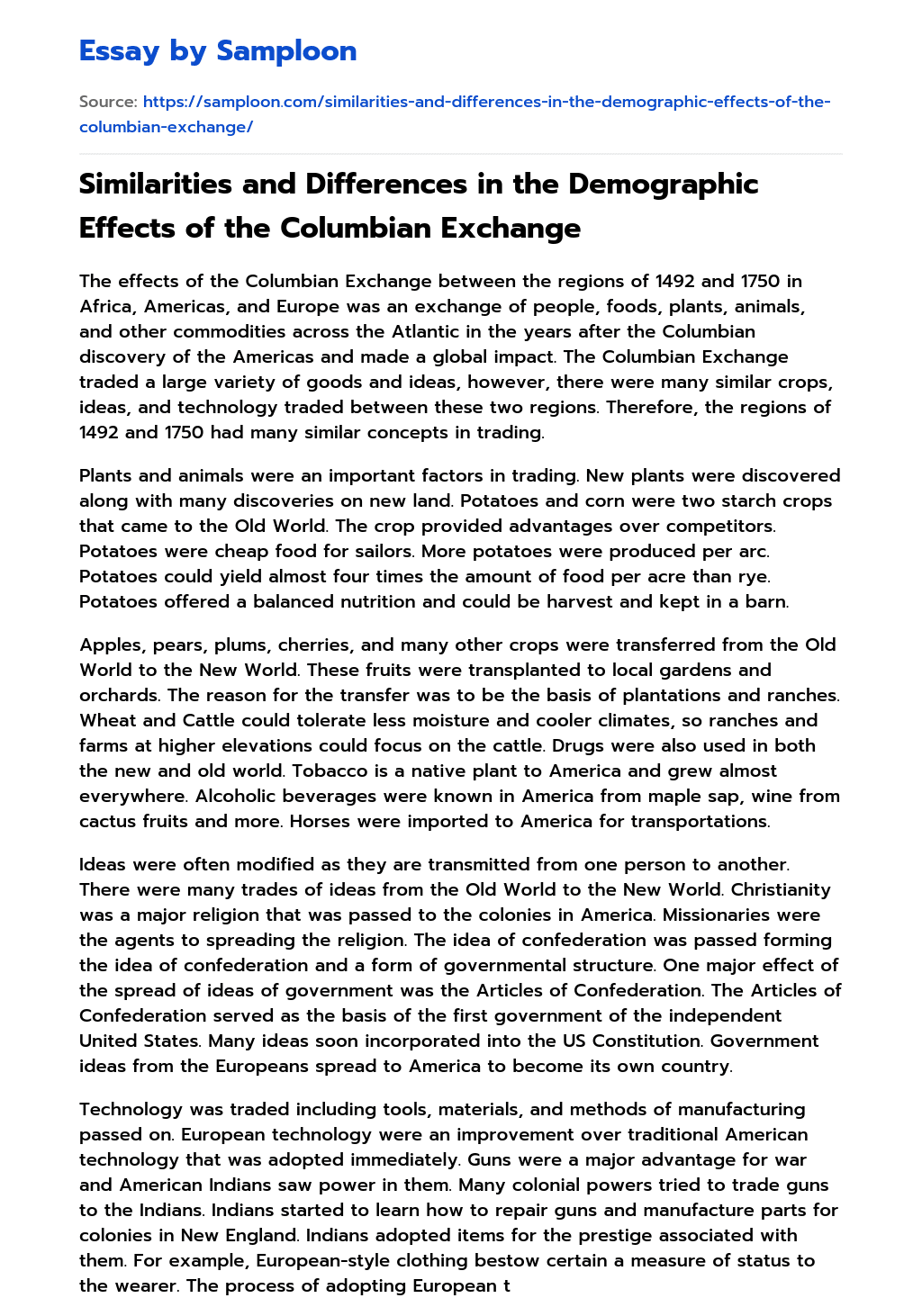 Similarities and Differences in the Demographic Effects of the Columbian Exchange essay