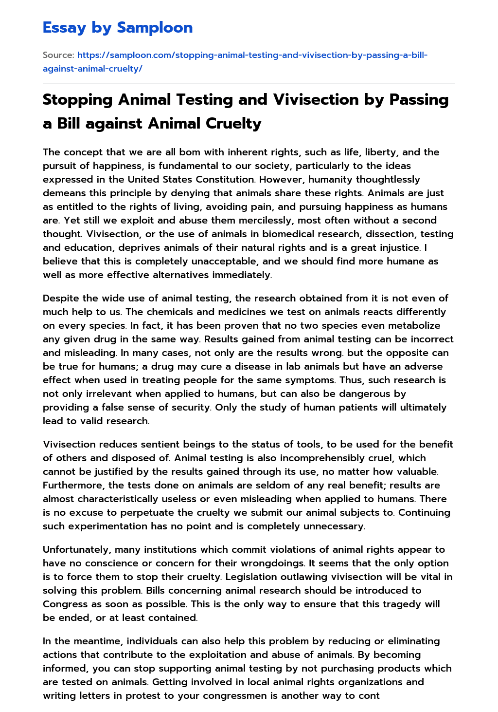 Stopping Animal Testing and Vivisection by Passing a Bill against Animal Cruelty essay