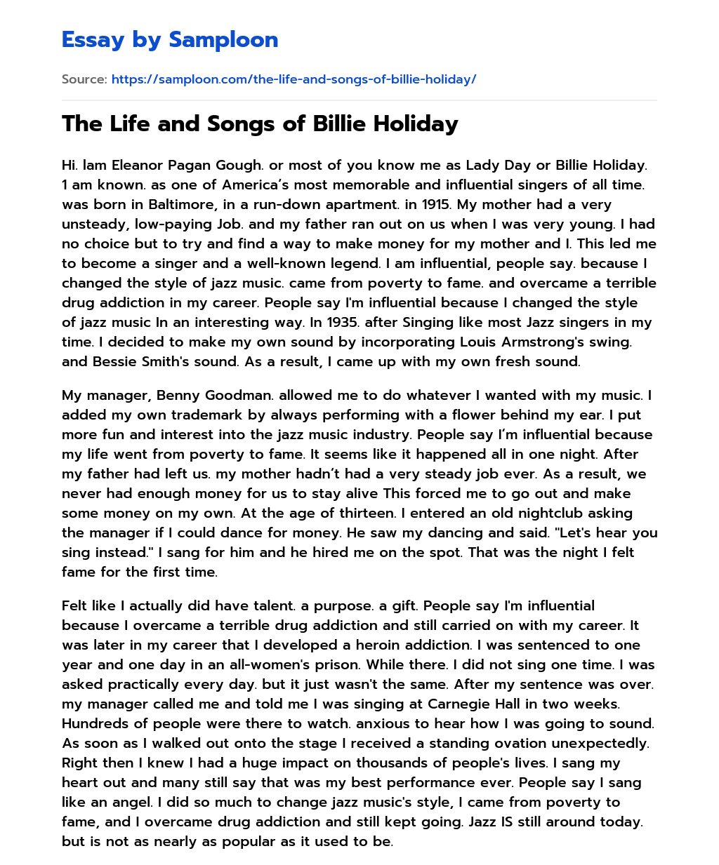 The Life and Songs of Billie Holiday essay