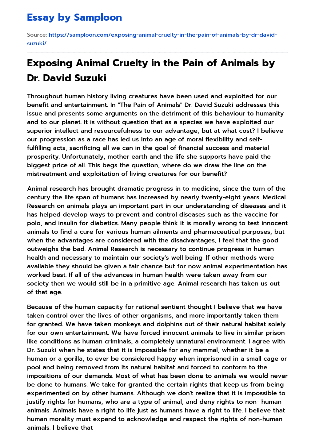 Exposing Animal Cruelty in the Pain of Animals by Dr. David Suzuki essay