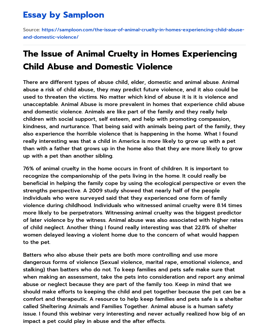The Issue of Animal Cruelty in Homes Experiencing Child Abuse and Domestic Violence essay