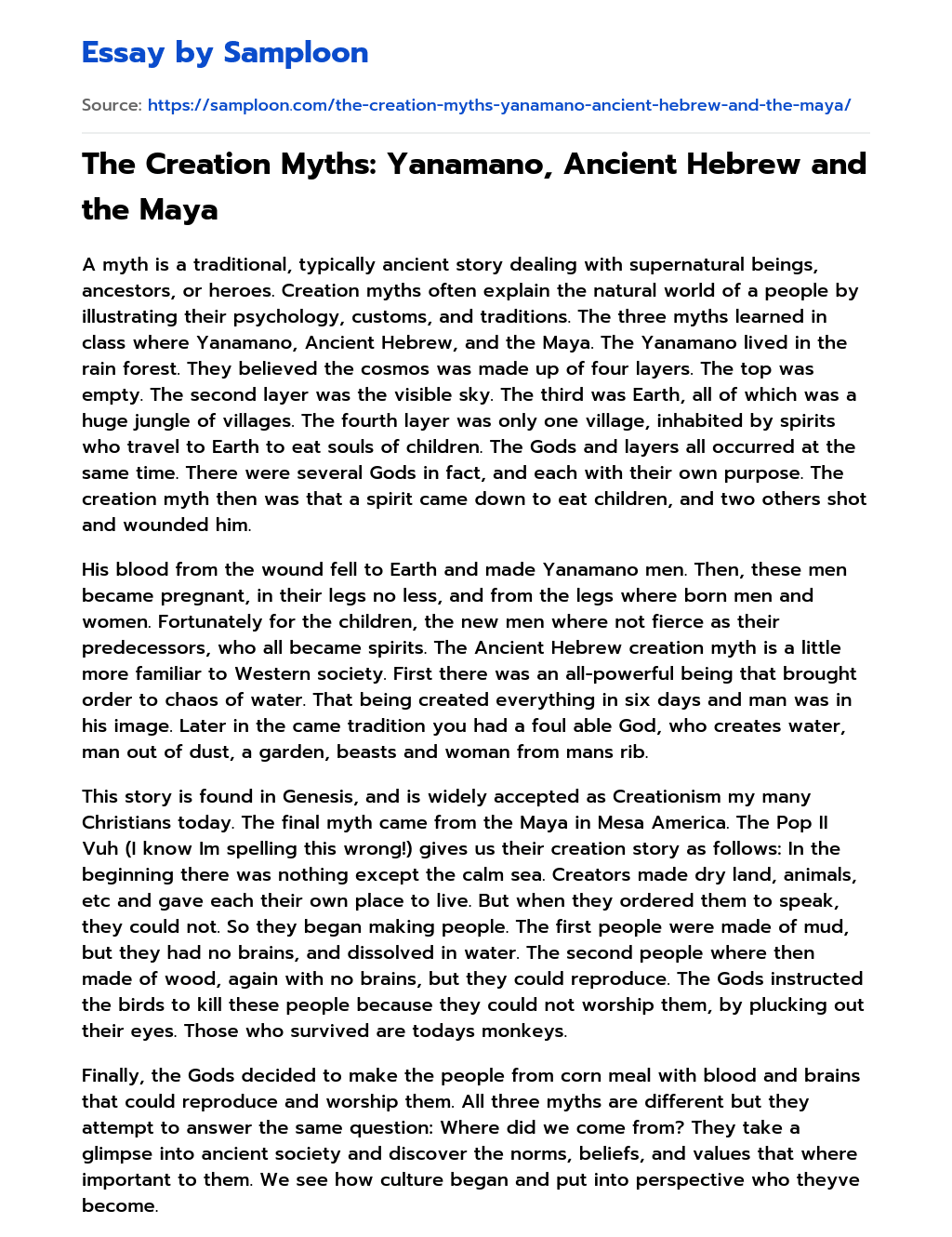 The Creation Myths: Yanamano, Ancient Hebrew and the Maya essay