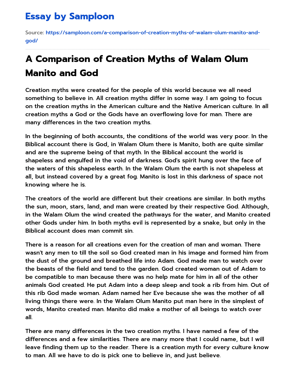A Comparison of Creation Myths of Walam Olum Manito and God essay