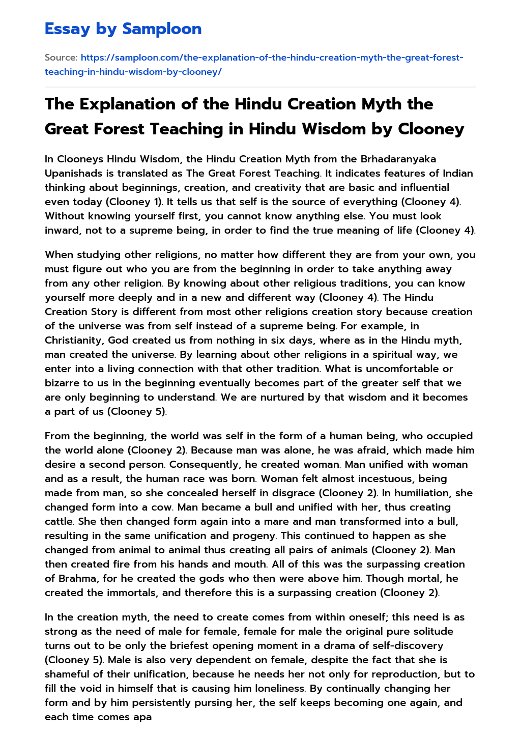The Explanation of the Hindu Creation Myth the Great Forest Teaching in Hindu Wisdom by Clooney essay
