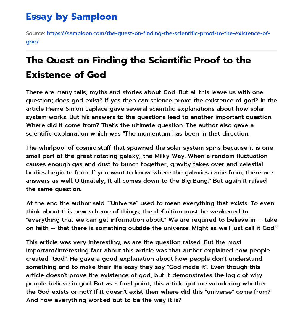 The Quest on Finding the Scientific Proof to the Existence of God essay
