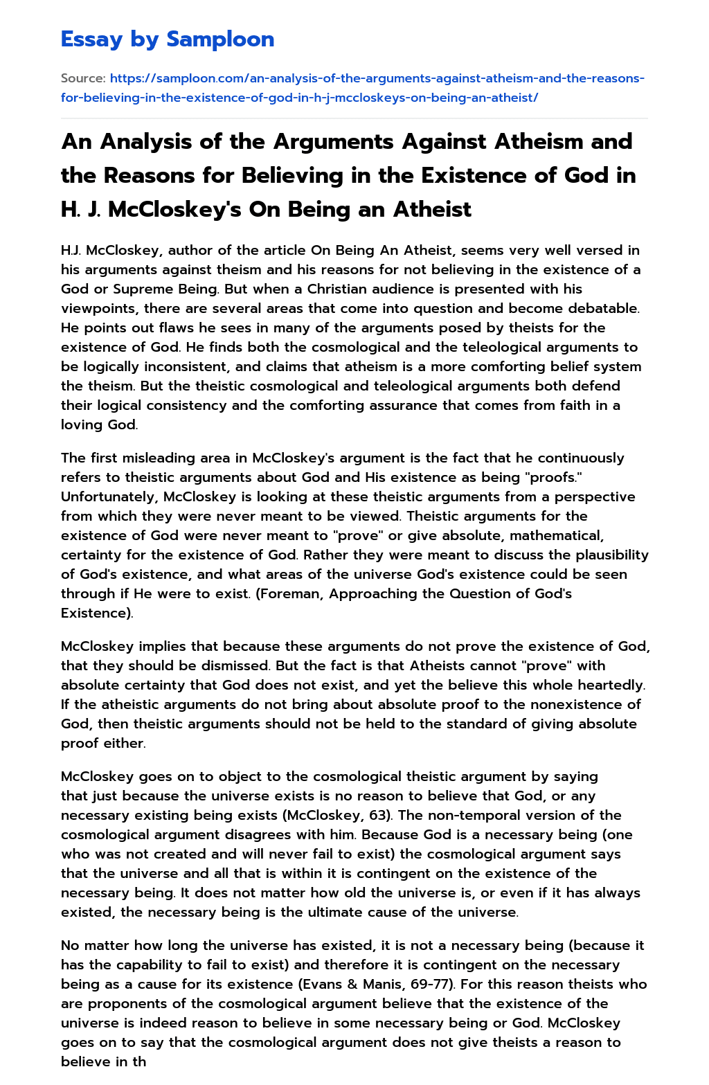 An Analysis of the Arguments Against Atheism and the Reasons for Believing in the Existence of God in H. J. McCloskey’s On Being an Atheist essay