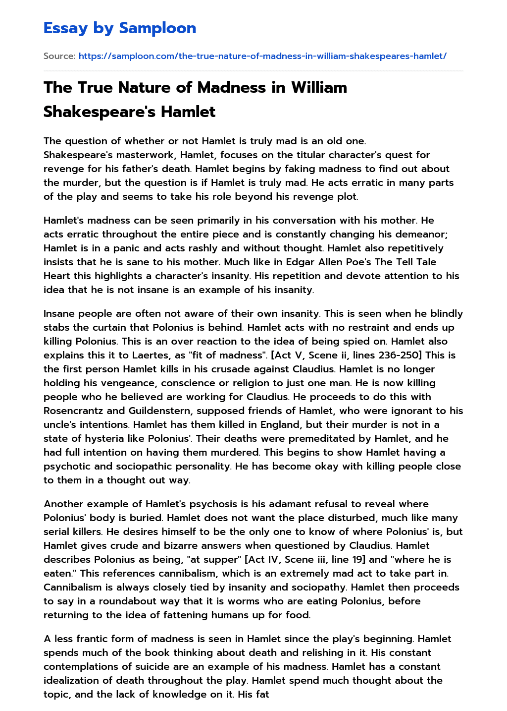 The True Nature of Madness in William Shakespeare’s Hamlet essay