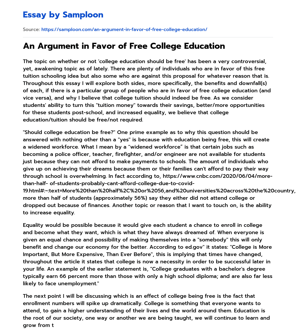 An Argument in Favor of Free College Education essay