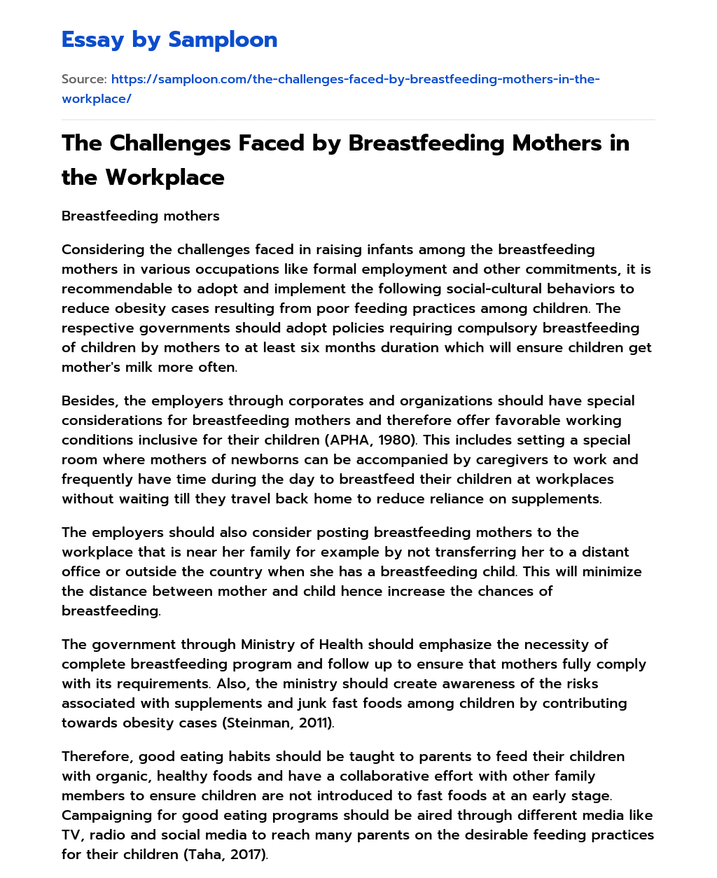 The Challenges Faced by Breastfeeding Mothers in the Workplace essay