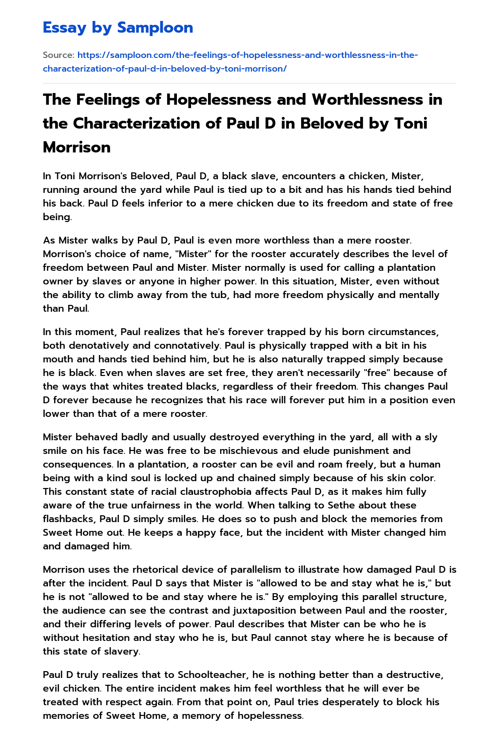 The Feelings of Hopelessness and Worthlessness in the Characterization of Paul D in Beloved by Toni Morrison essay