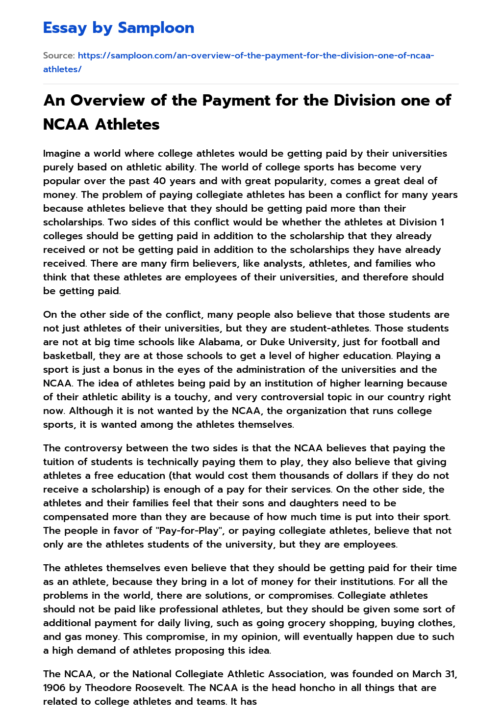 An Overview of the Payment for the Division one of NCAA Athletes essay