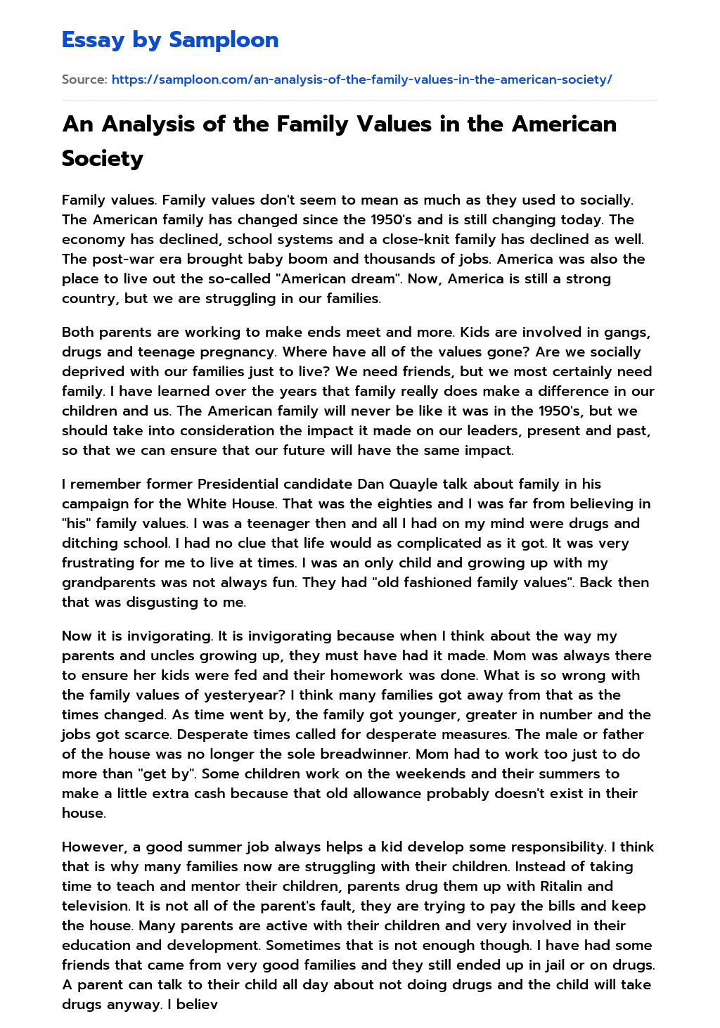 An Analysis of the Family Values in the American Society essay