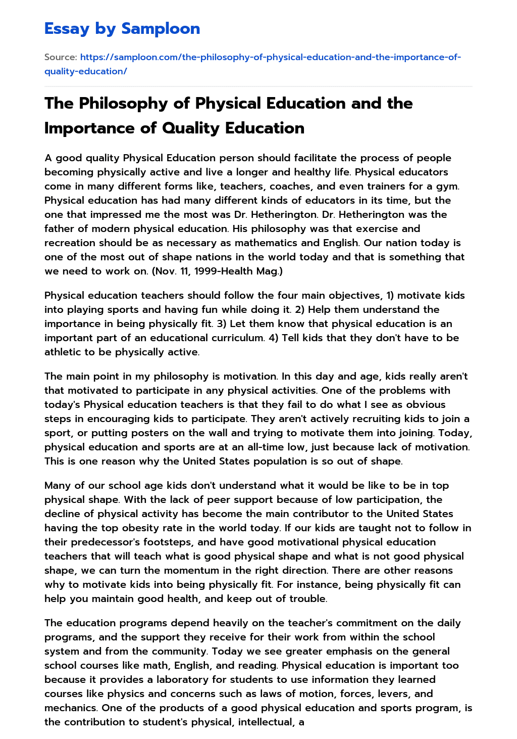 The Philosophy of Physical Education and the Importance of Quality Education essay