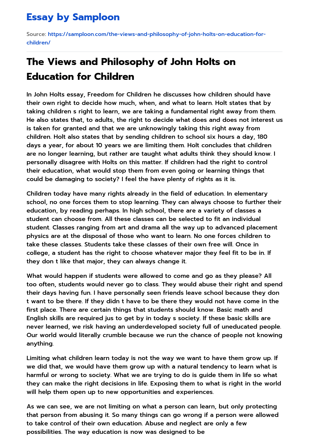 The Views and Philosophy of John Holts on Education for Children essay