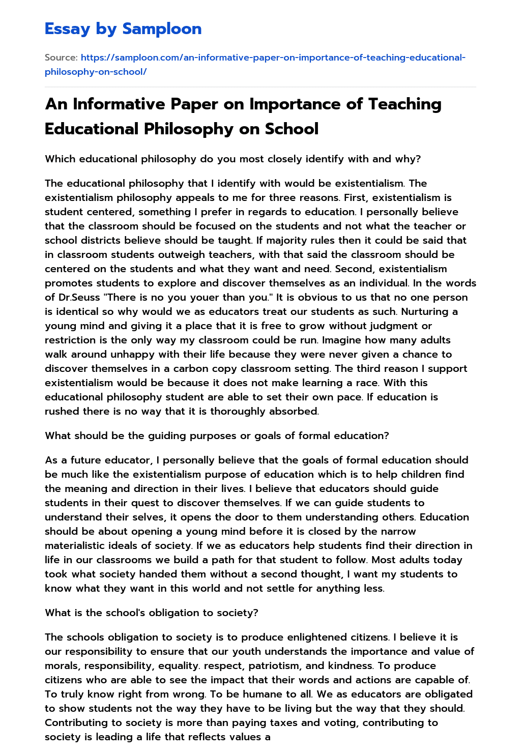 An Informative Paper on Importance of Teaching Educational Philosophy on School essay