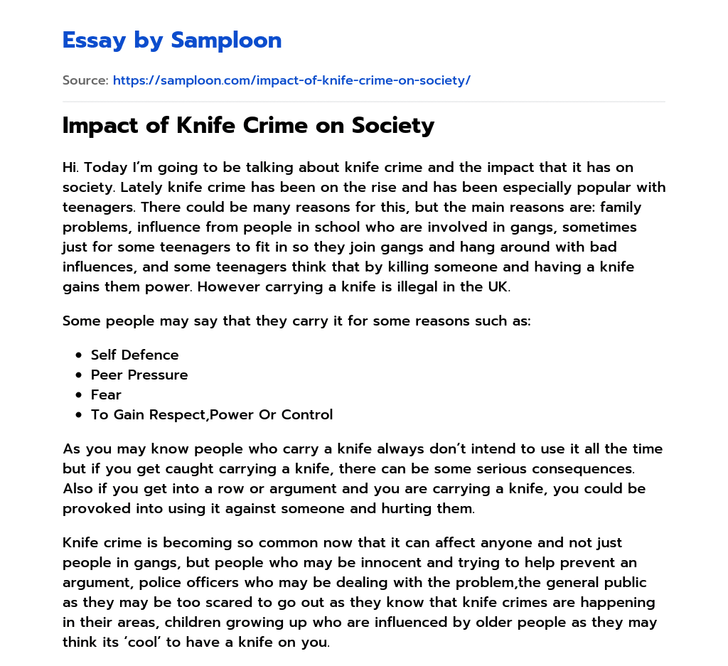  Impact Of Knife Crime On Society Free Essay Sample On Samploon