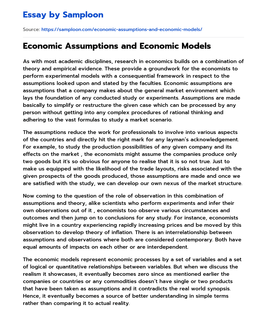 Economic Assumptions and Economic Models essay