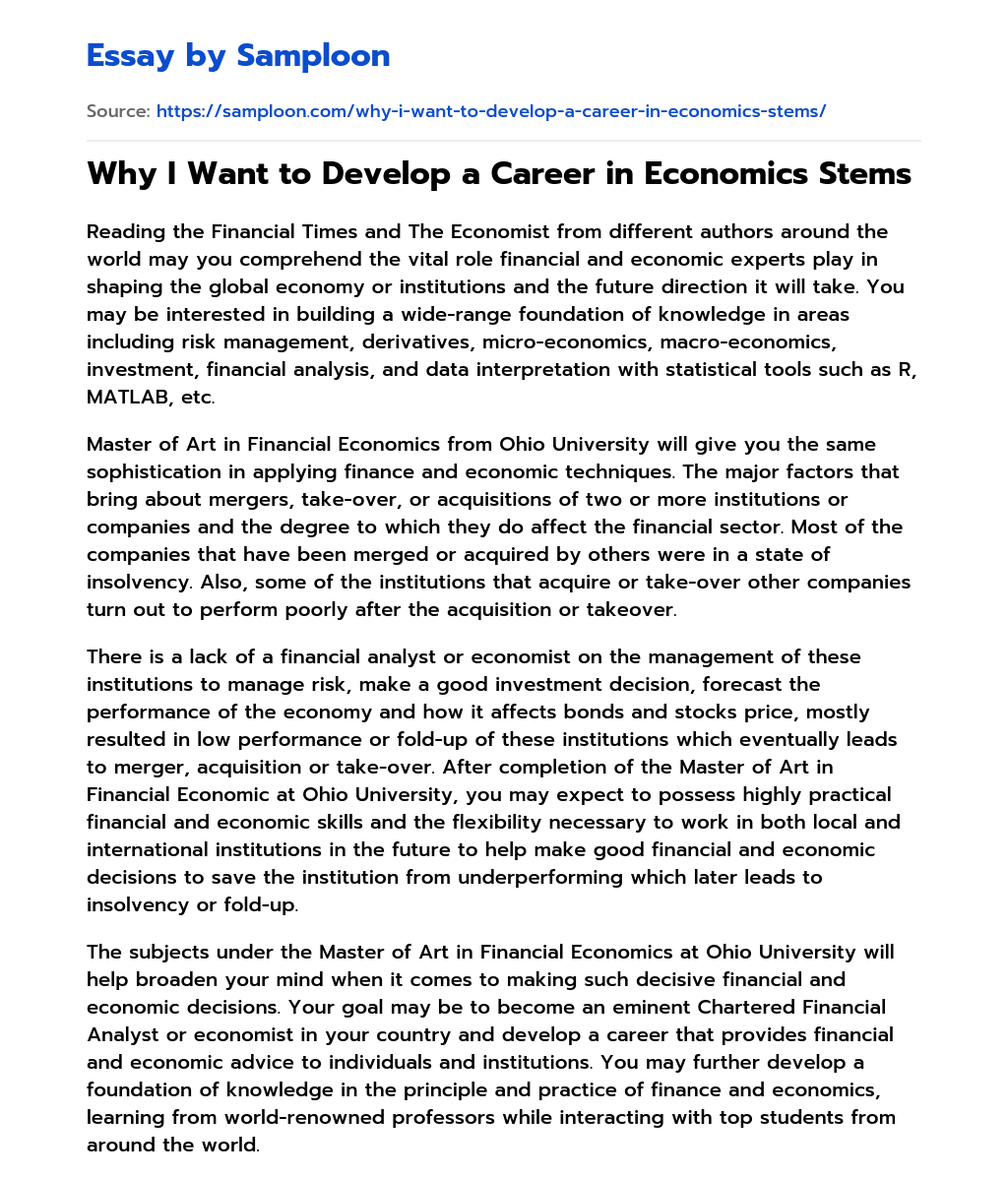 Why I Want to Develop a Career in Economics Stems essay