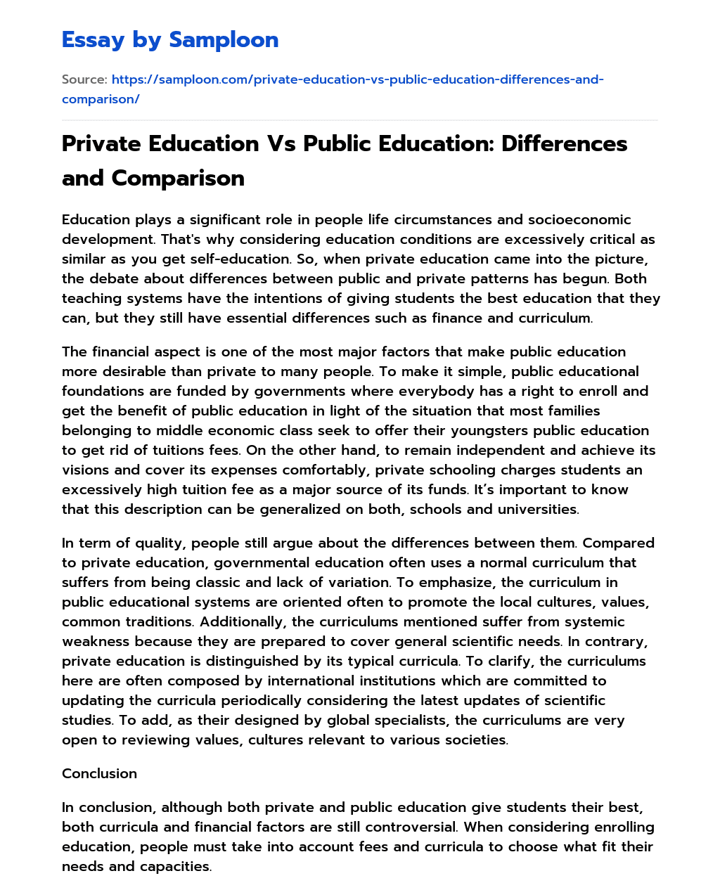 Private Education Vs Public Education: Differences and Comparison essay