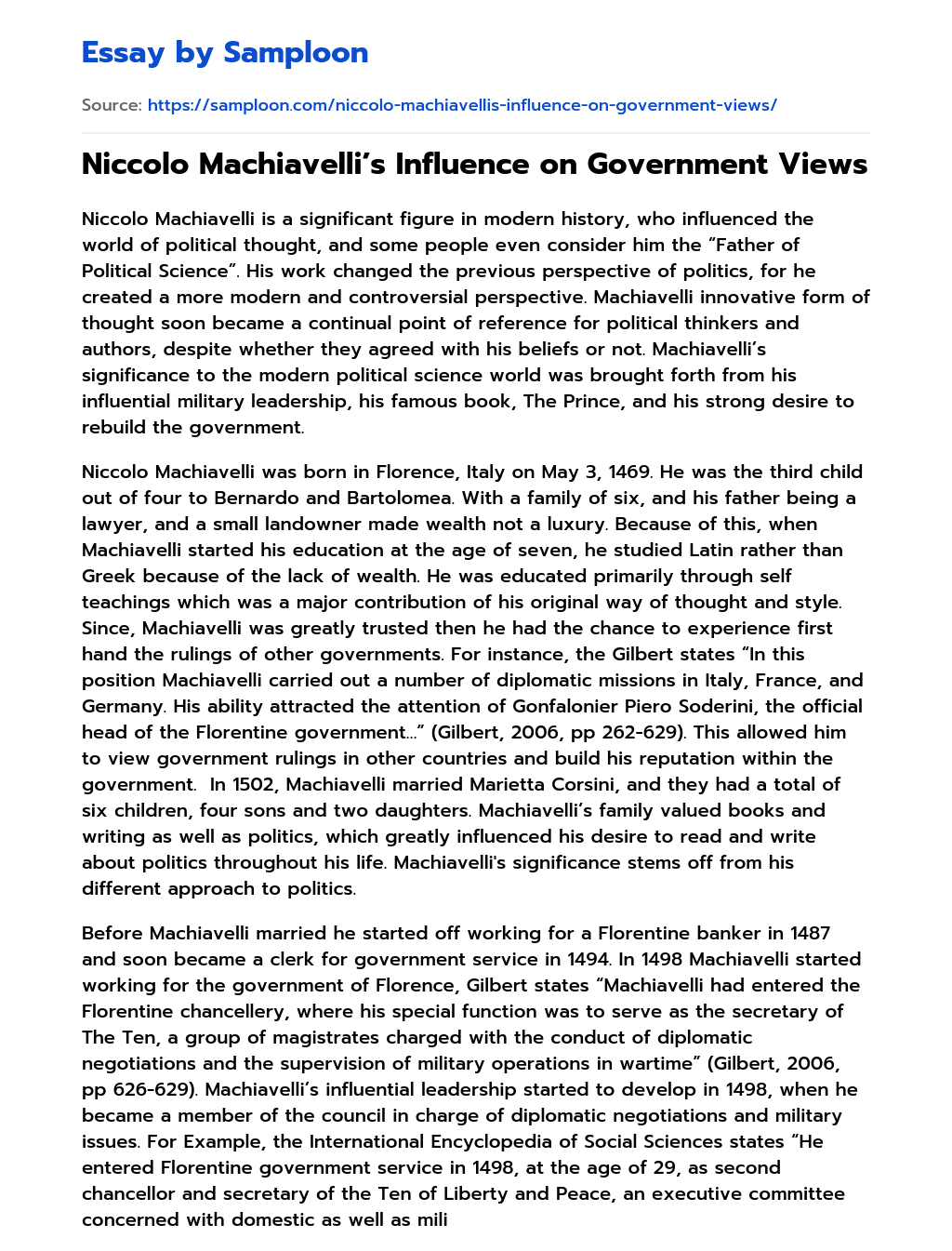 Niccolo Machiavelli’s Influence on Government Views essay