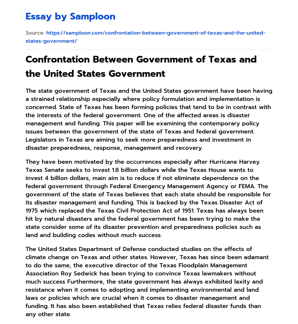 Confrontation Between Government of Texas and the United States Government essay