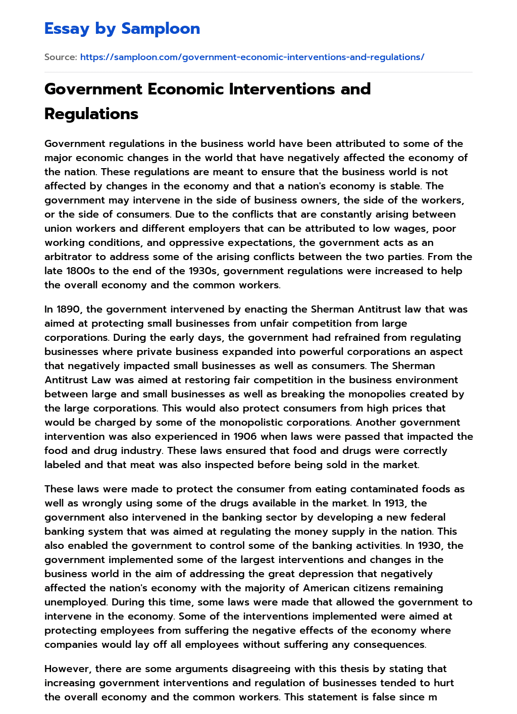 Government Economic Interventions and Regulations  essay