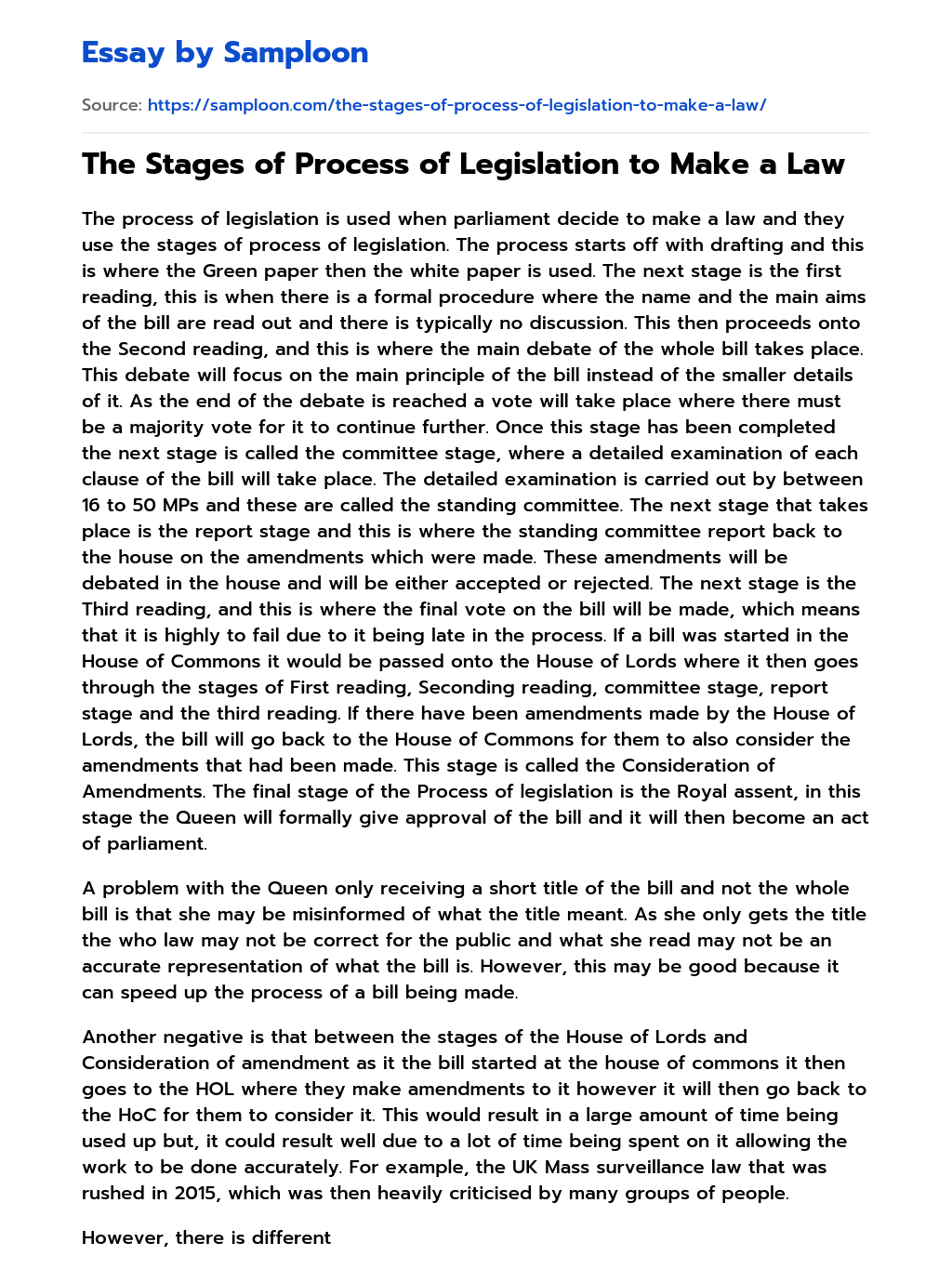 The Stages of Process of Legislation to Make a Law essay