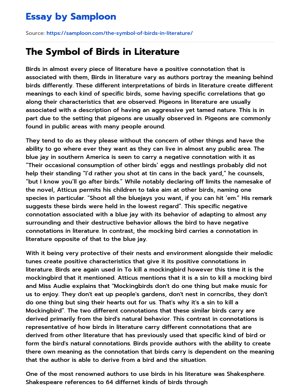 The Symbol of Birds in Literature essay